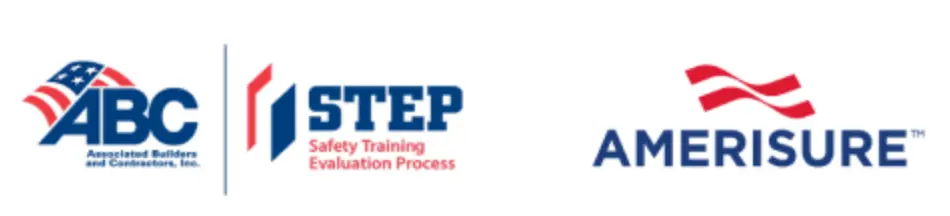Logos for ABC (Associated Builders and Contractors, Inc.), STEP (Safety Training Evaluation Process), and Amerisure, with red, white, and blue color schemes.