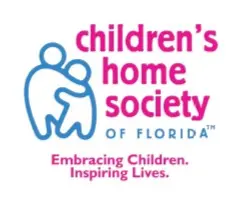 Logo of Childrens Home Society of Florida featuring two stylized figures embracing, with the slogan Embracing Children. Inspiring Lives. Pink and blue text on a white background.
