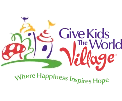 Logo of Give Kids The World Village featuring colorful, playful buildings and the slogan Where Happiness Inspires Hope.