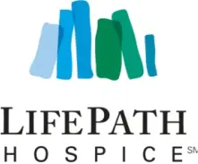Logo of LifePath Hospice featuring several abstract, vertically oriented shapes in shades of blue and green above the text LifePath Hospice.